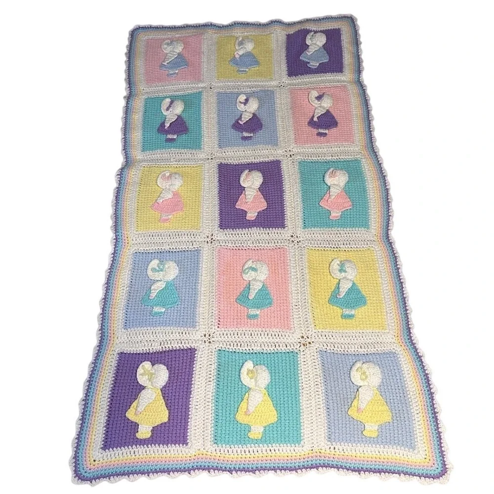 Vintage Cottagecore Crochet Sunbonnet Sue Granny Throw Pastel 3D Applique